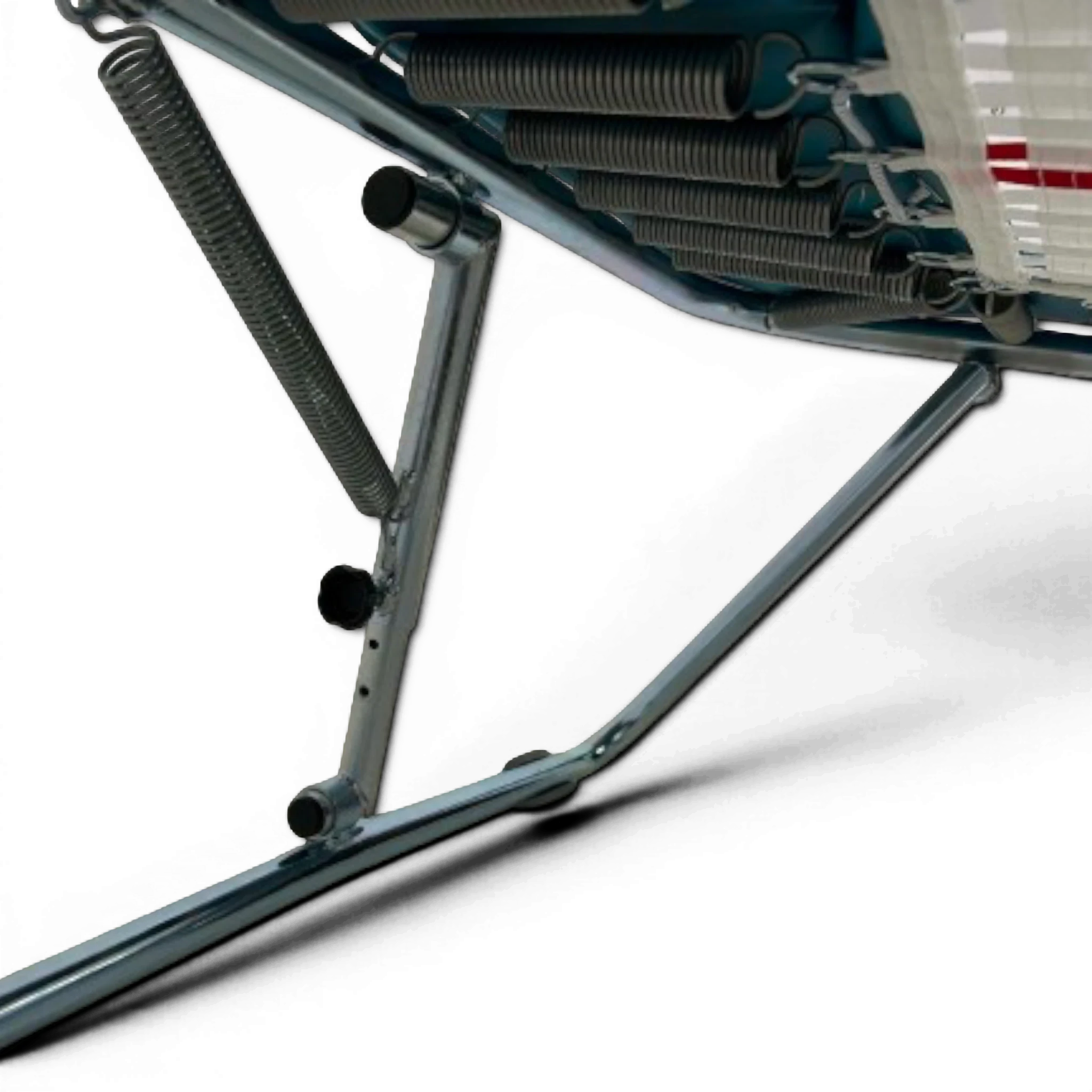 UK Gym Pits super mini tramp showing the adjustable zinc plated steel frame, high tensile springs, and web bed.