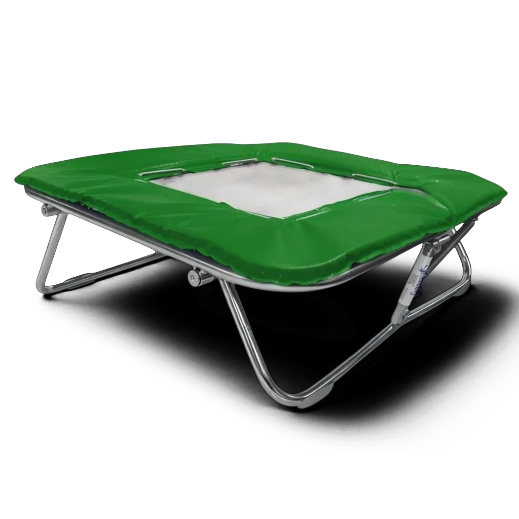 UK Gym Pits Super Mini Tramp with a solid white super-mesh bed and green protective frame pads on a zinc-plated frame.