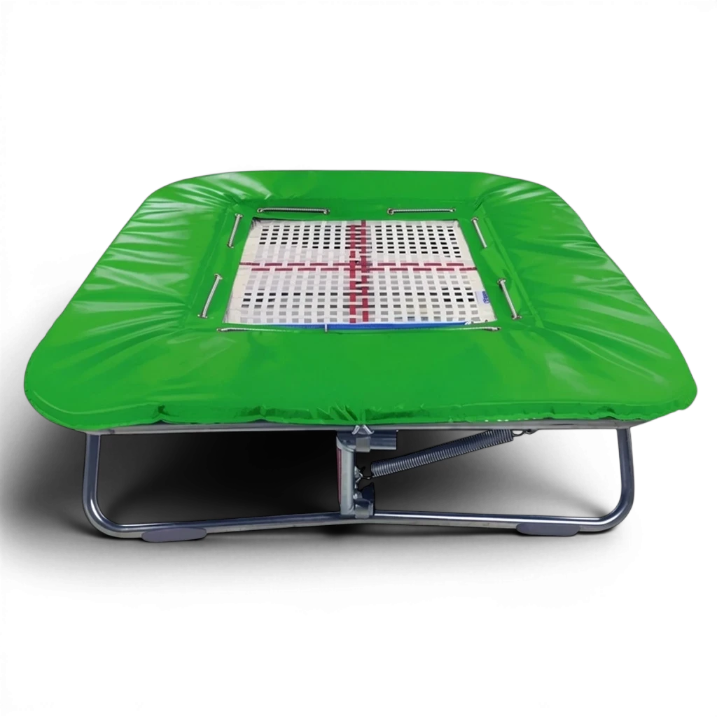 UK Gym Pits super mini trampoline with a white web bed and green protective frame pads on a zinc plated steel frame.