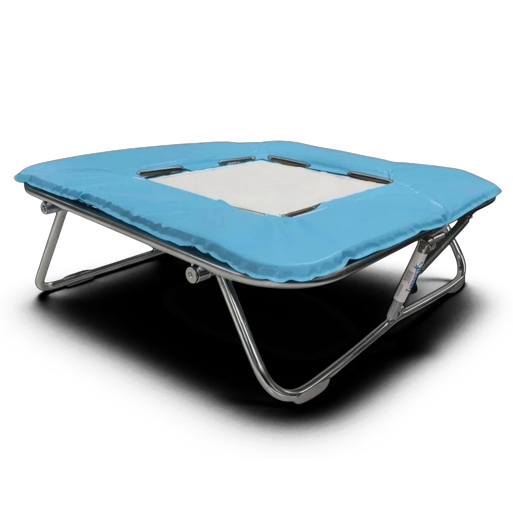 UK Gym Pits super mini trampoline with a solid white super-mesh bed and light blue protective frame padding.