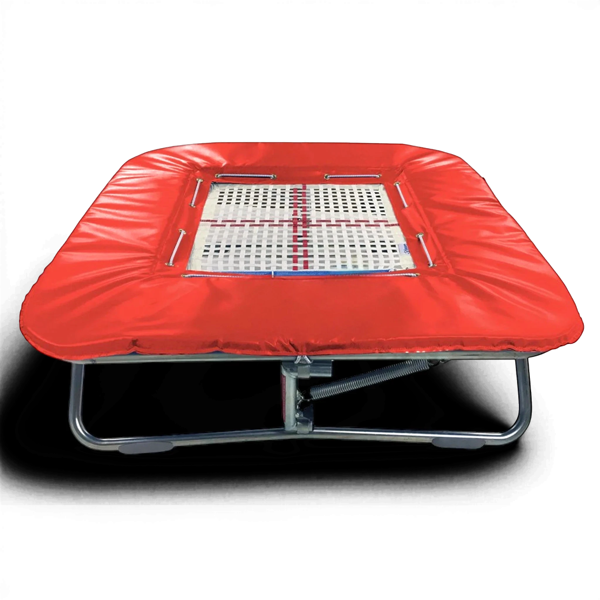 UK Gym Pits Super Mini Tramp with a white web bed and red protective frame pads on a zinc plated steel frame.
