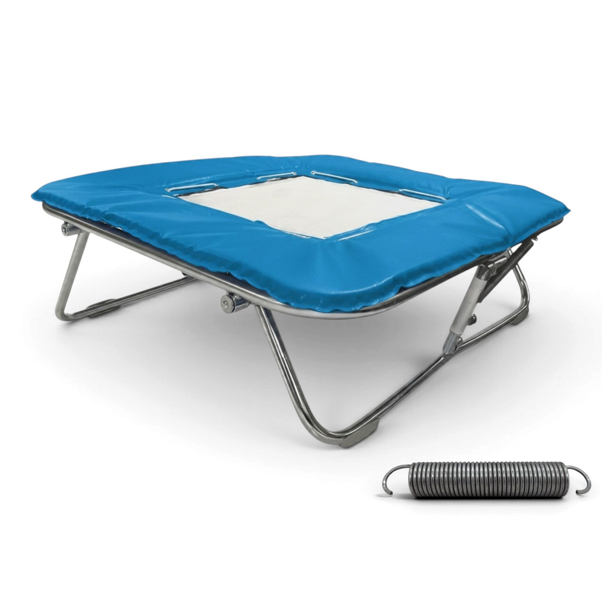 UK Gym Pits super mini trampoline with a solid white super-mesh bed and blue protective frame pads on a metal frame.