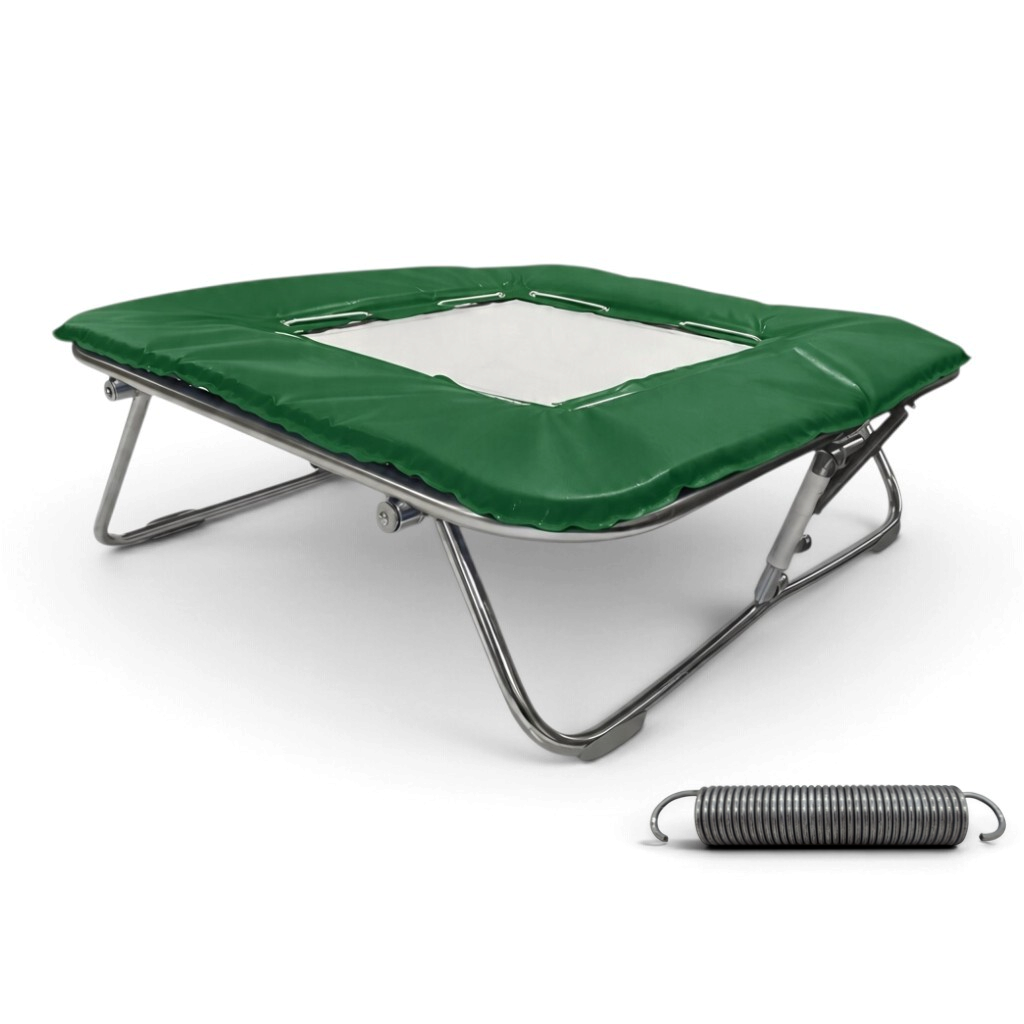 UK Gym Pits super mini trampoline with a solid white super-mesh bed and green protective frame pads on a metal frame.