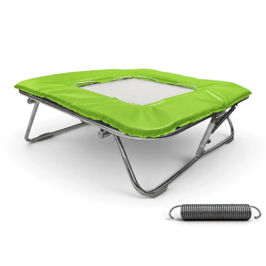 UK Gym Pits super mini trampoline with a solid super-mesh bed, lime green frame pads, and a steel tension spring.