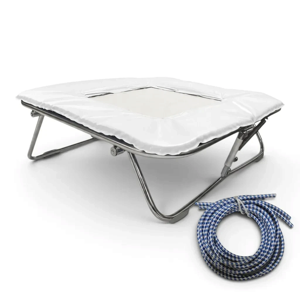 UK Gym Pits super mini trampoline with white solid super-mesh bed, zinc plated frame, and blue rubber tension cable.