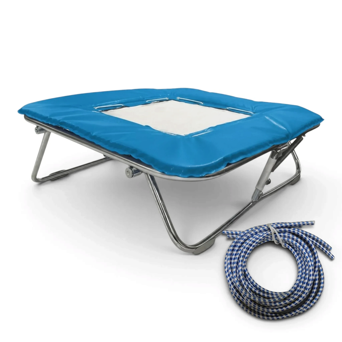 UK Gym Pits super mini trampoline with a white solid mesh bed, blue frame pads, and a coil of blue rubber cables.