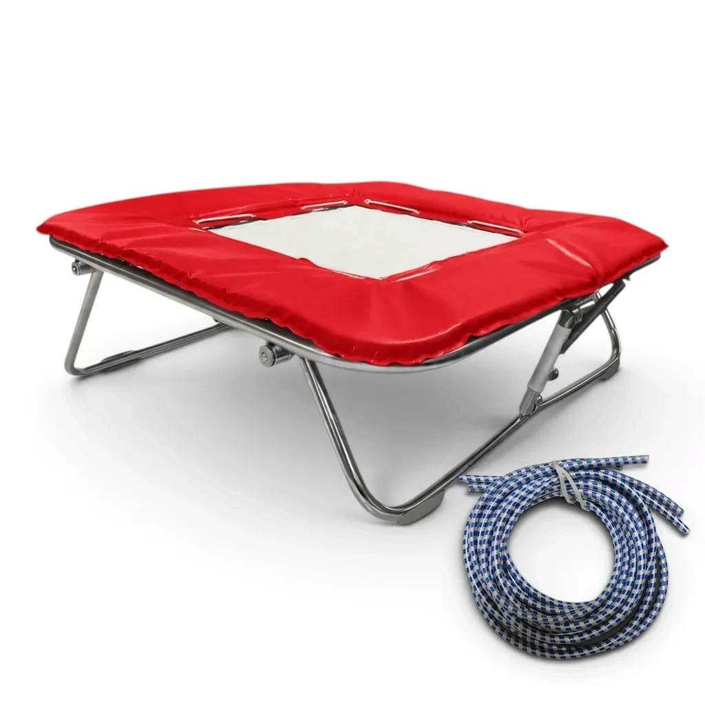 UK Gym Pits super mini trampoline with solid white super-mesh bed, red frame pads, and blue rubber cable coil.
