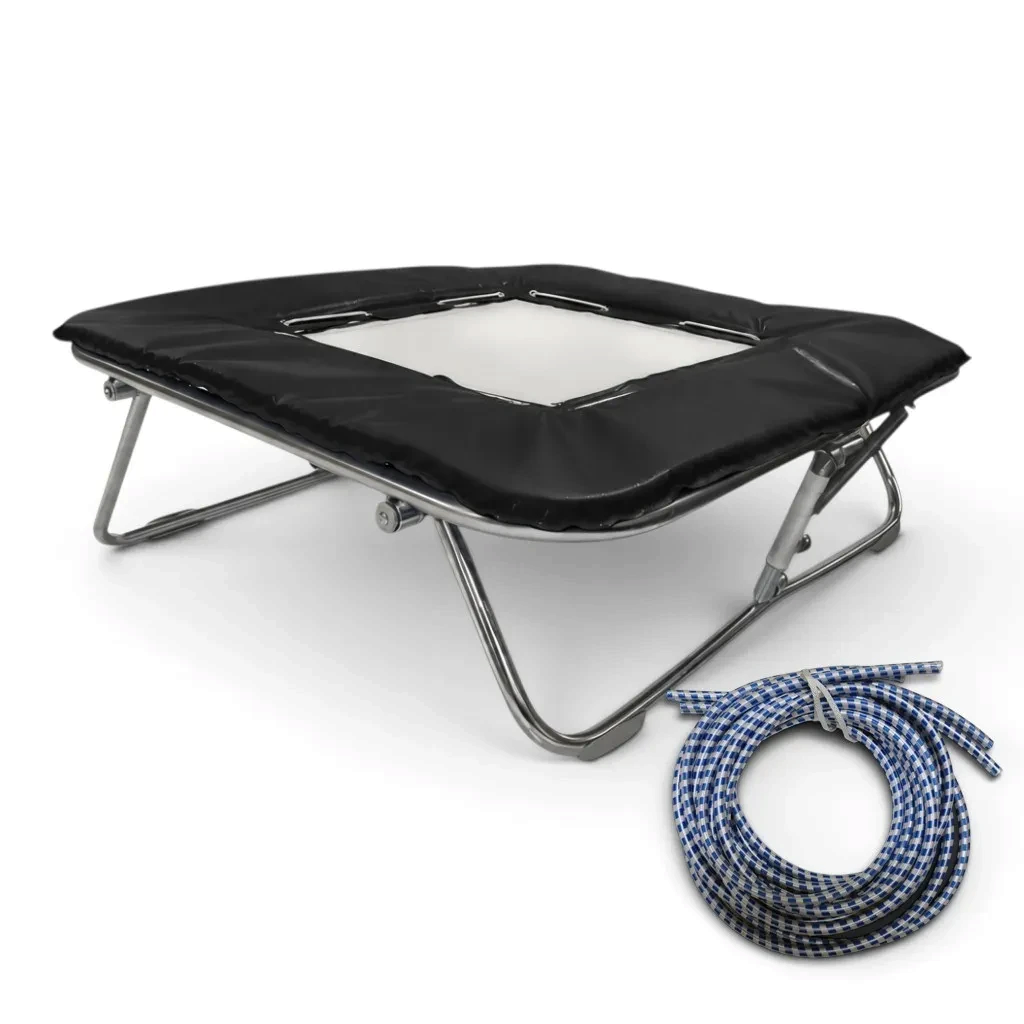 UK Gym Pits Super Mini Tramp with solid super-mesh bed, black frame pads, and blue rubber tensioning cables.