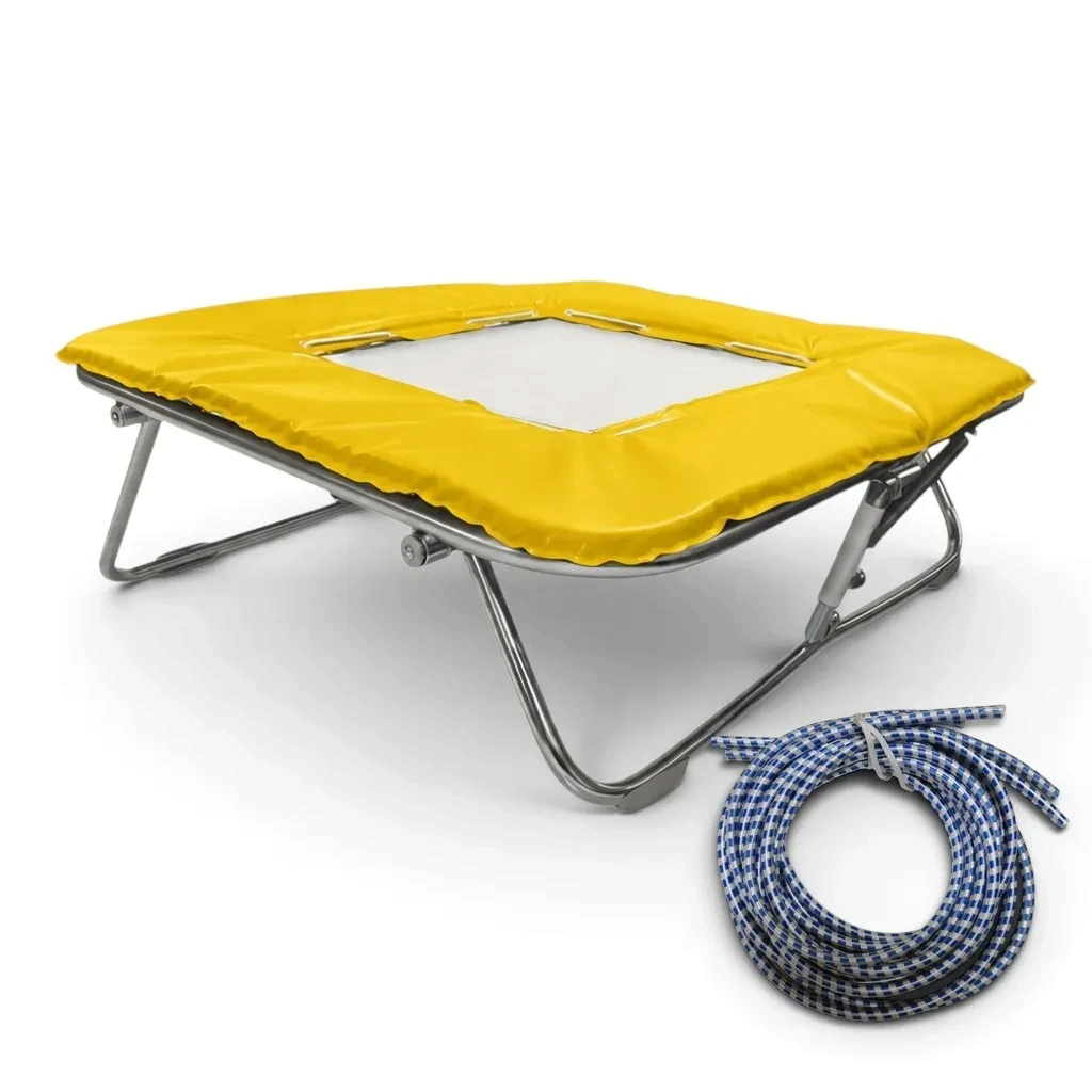 UK Gym Pits super mini tramp with yellow frame pads, solid mesh bed, and blue rubber cables on a white background