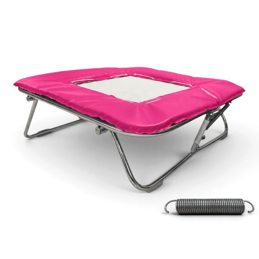 UK Gym Pits super mini trampoline with a solid super-mesh bed, pink frame pads, and a high tensile steel spring.