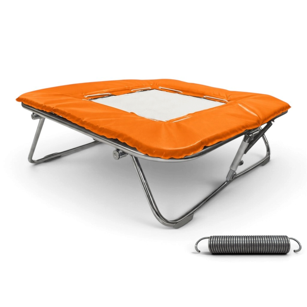 UK Gym Pits super mini trampoline with orange frame pads, solid super-mesh bed, and high tensile steel spring.