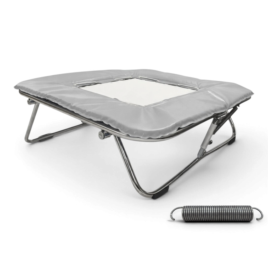 UK Gym Pits super mini trampoline with a solid super-mesh bed, grey frame pads, and a high tensile steel spring.