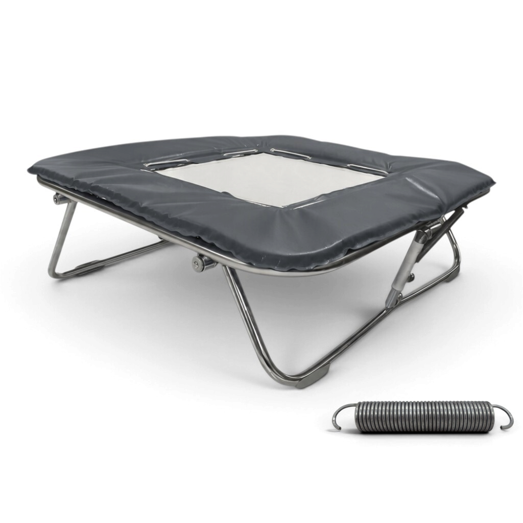UK Gym Pits super mini trampoline with grey solid super-mesh bed, zinc plated frame, and high tensile steel spring