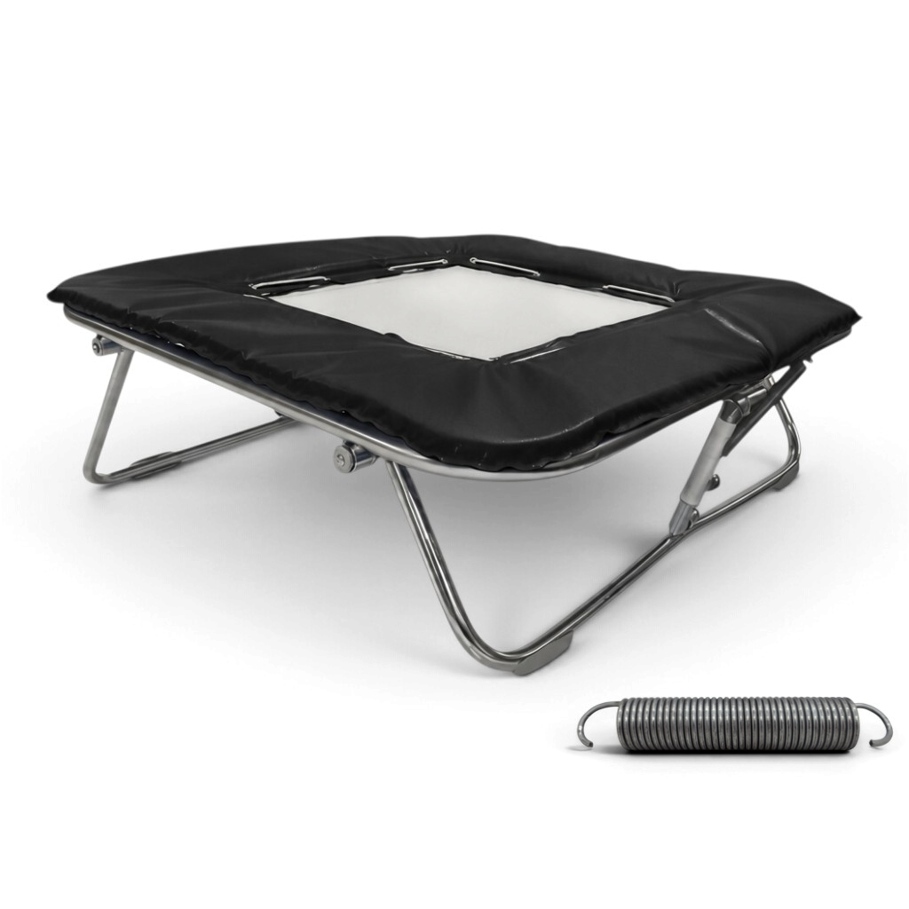 UK Gym Pits super mini trampoline with solid super-mesh bed, black frame pads, and a high tensile steel spring.