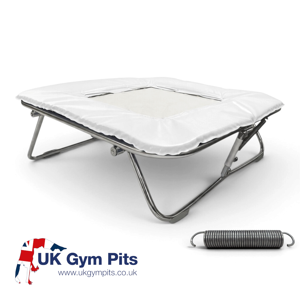 UK Gym Pits super mini trampoline with a white solid super-mesh bed and protective frame padding on a steel frame.