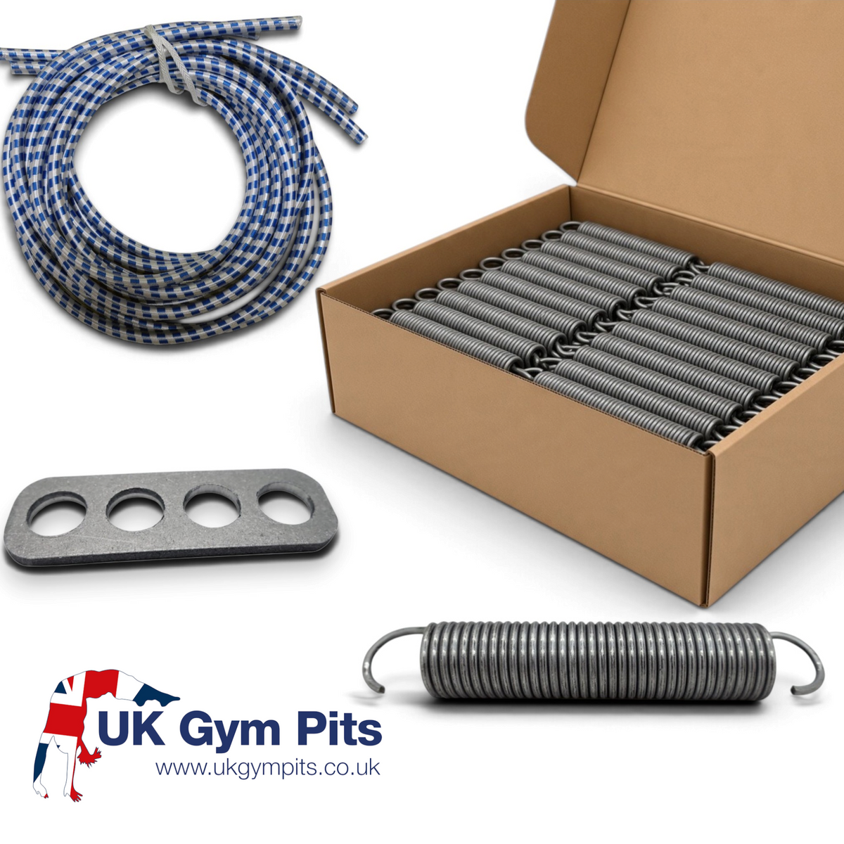 UK Gym Pits replacement high tensile steel springs, blue and white shock cord rubber cables, and metal cable runner.