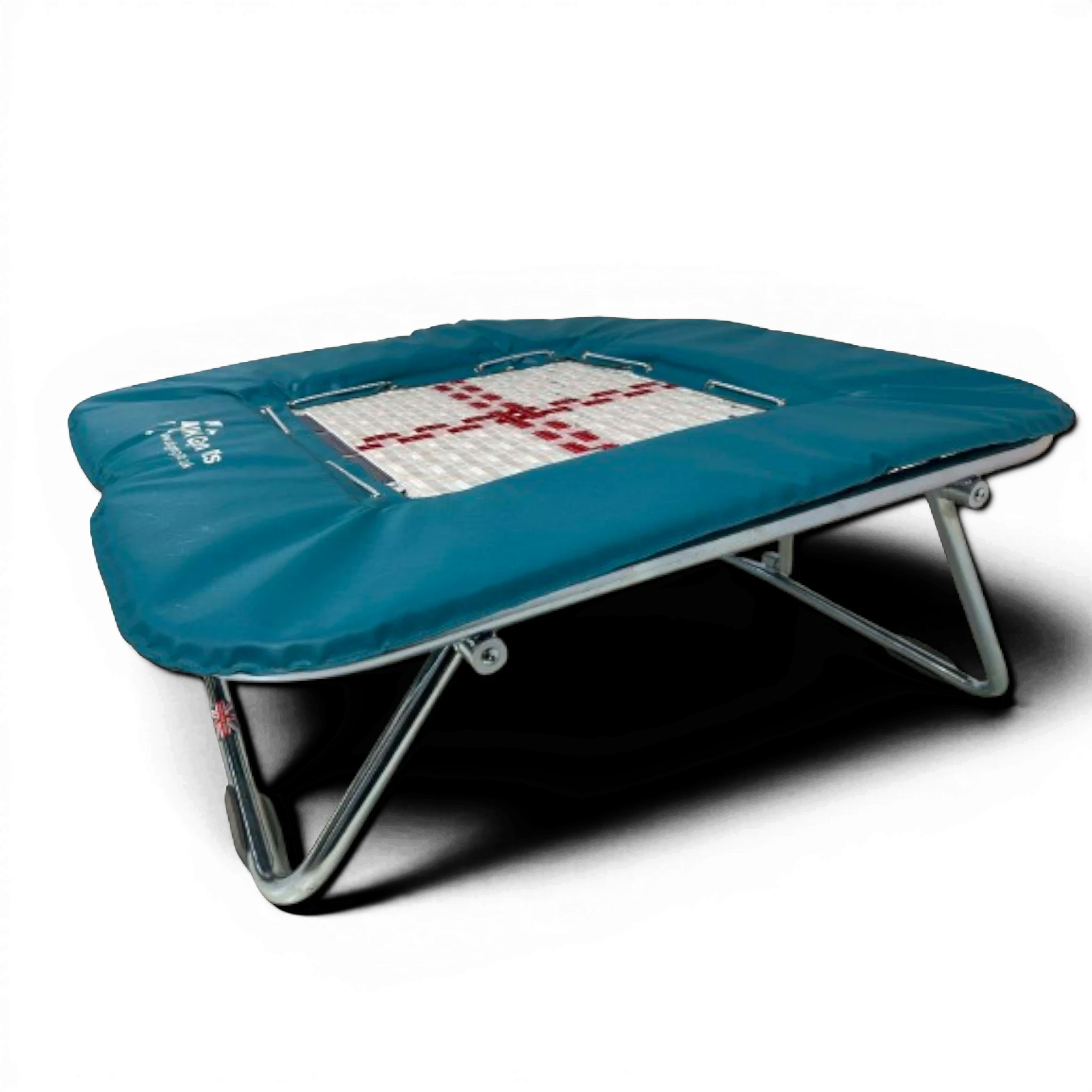 UK Gym Pits Super Mini Tramp with a white web bed and teal protective frame pads on a zinc-plated steel frame.