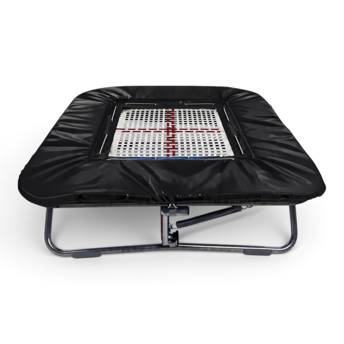 UK Gym Pits Super Mini Tramp with black frame pads and a white web bed, featuring a foldable zinc-plated steel frame.