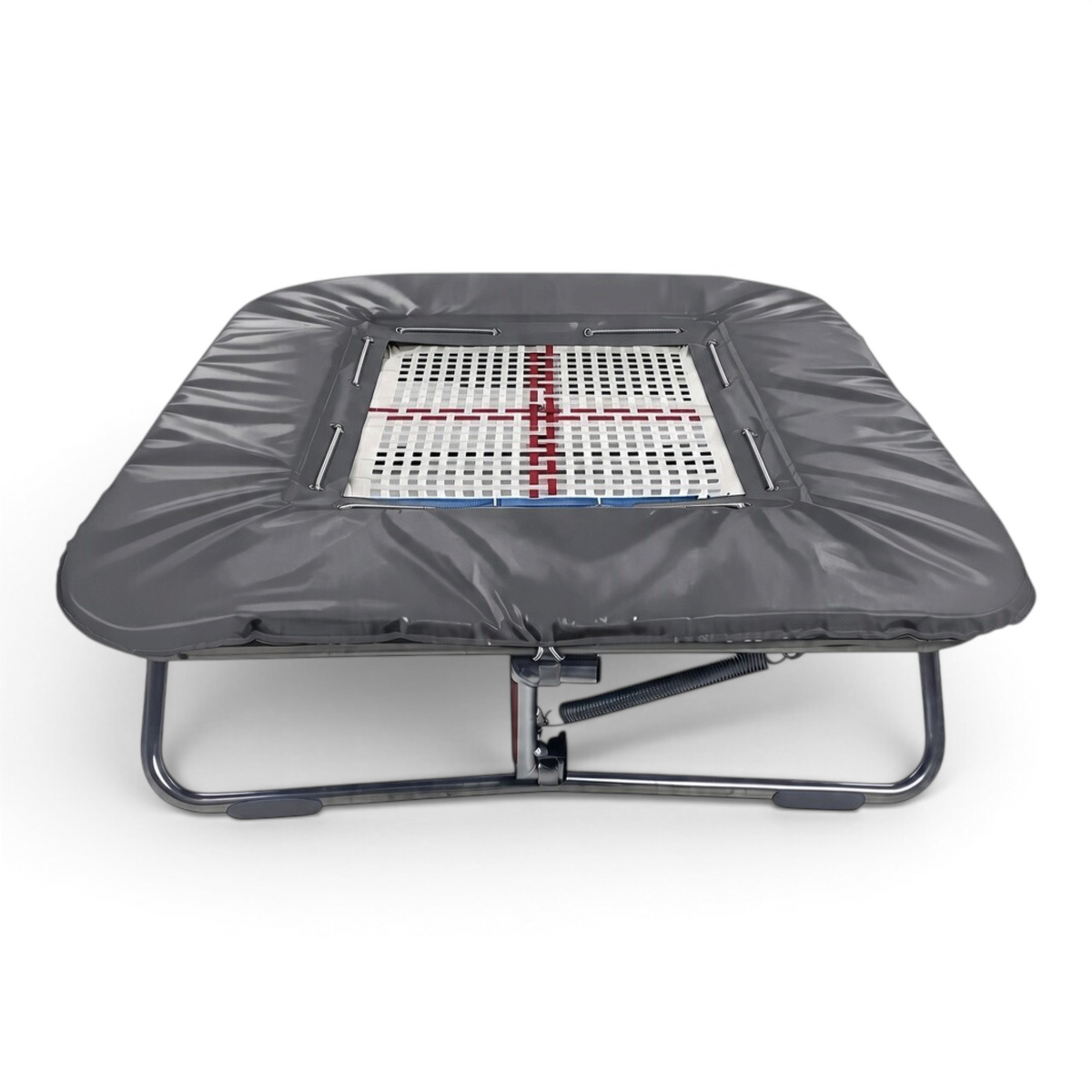 UK Gym Pits super mini trampoline with a web bed and grey protective frame pads on a white background