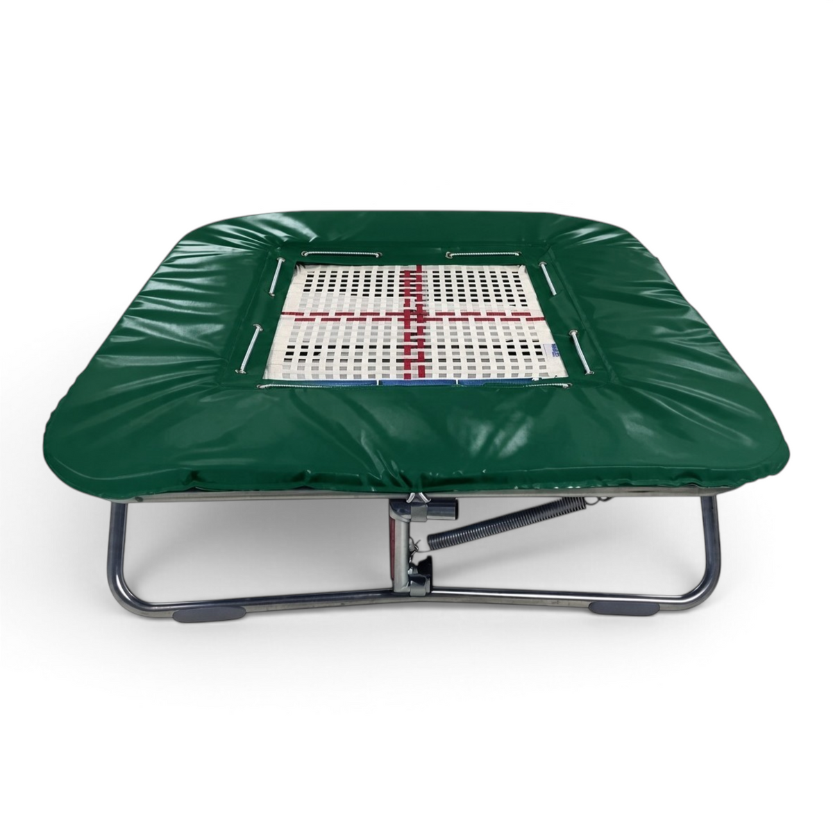 UK Gym Pits super mini tramp with a white web bed and green protective frame pads on a zinc plated steel frame
