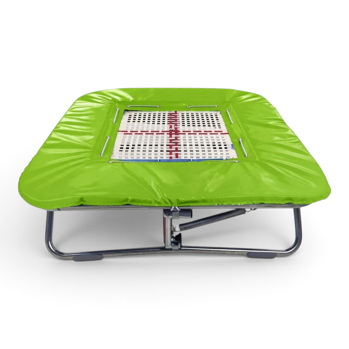UK Gym Pits super mini tramp with a white web bed and bright green protective coverall frame pads.
