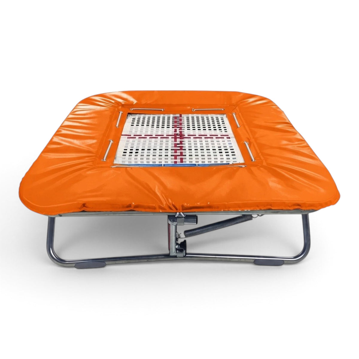 UK Gym Pits Super Mini Tramp with orange frame pads and a white web bed on a zinc plated steel frame.