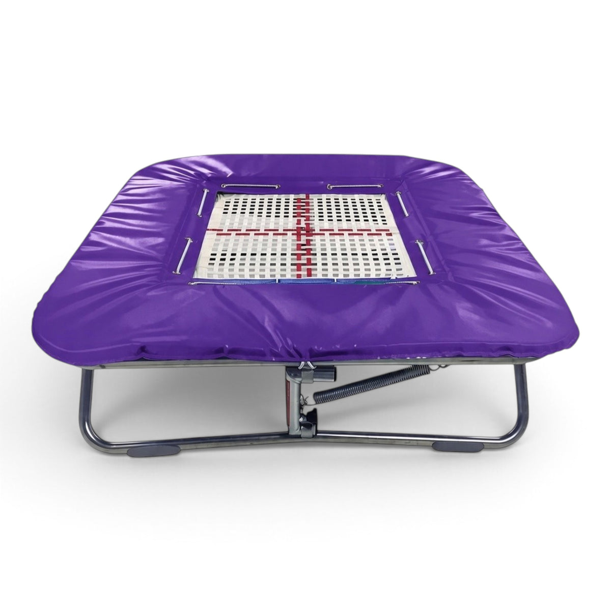 UK Gym Pits super mini trampoline with a purple frame pad and a webbed jumping bed on a zinc plated steel frame.