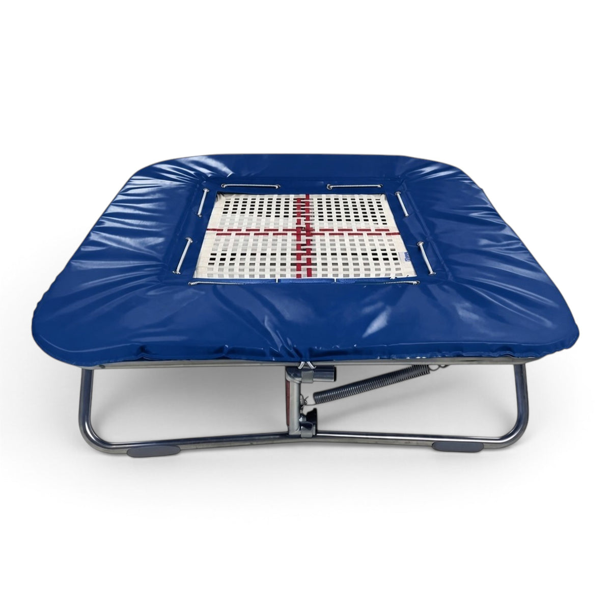 UK Gym Pits Super Mini Tramp with a white web bed and blue protective frame pads on a zinc plated steel frame.