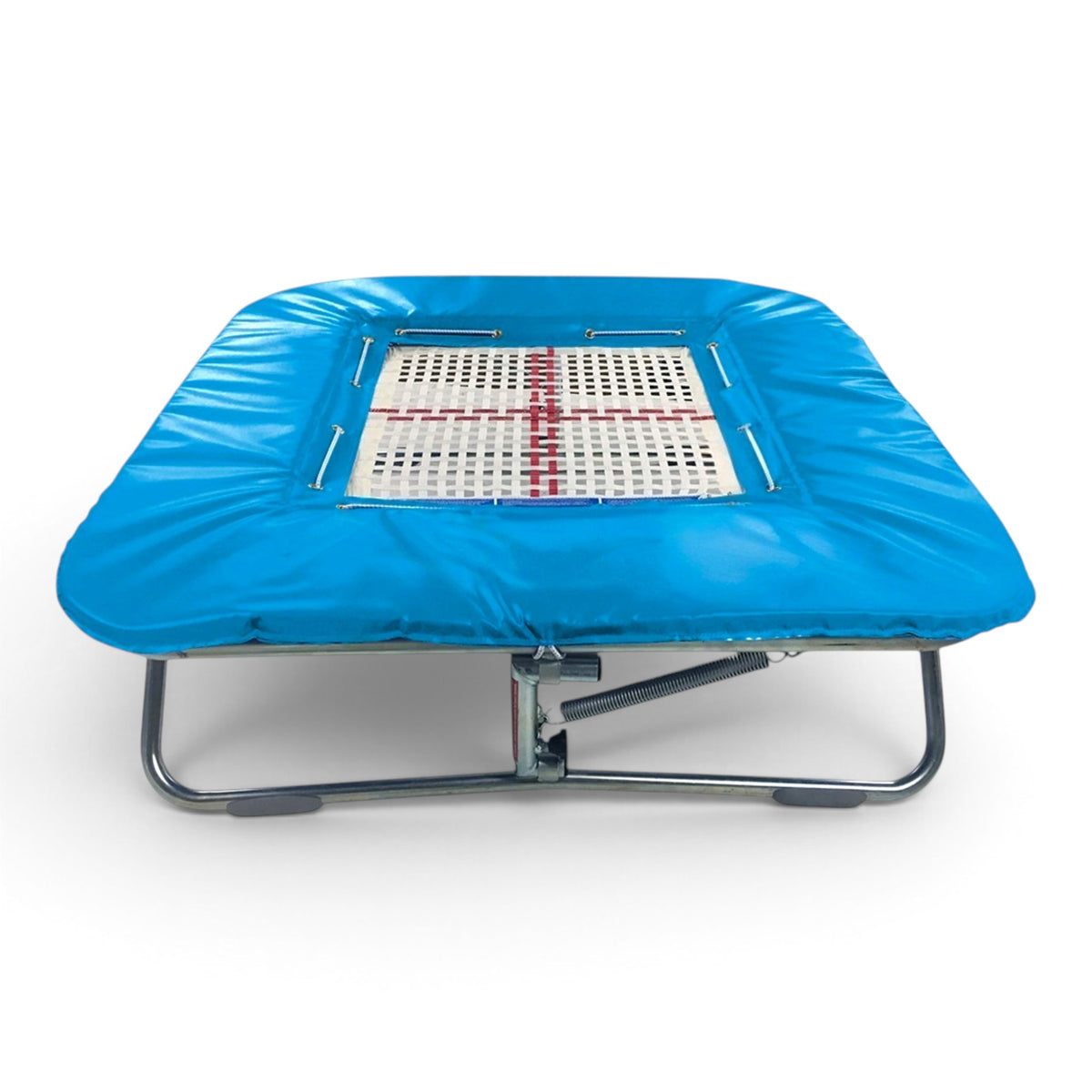 UK Gym Pits super mini trampoline with a blue coverall frame pad and a white web bed on a zinc plated steel frame.