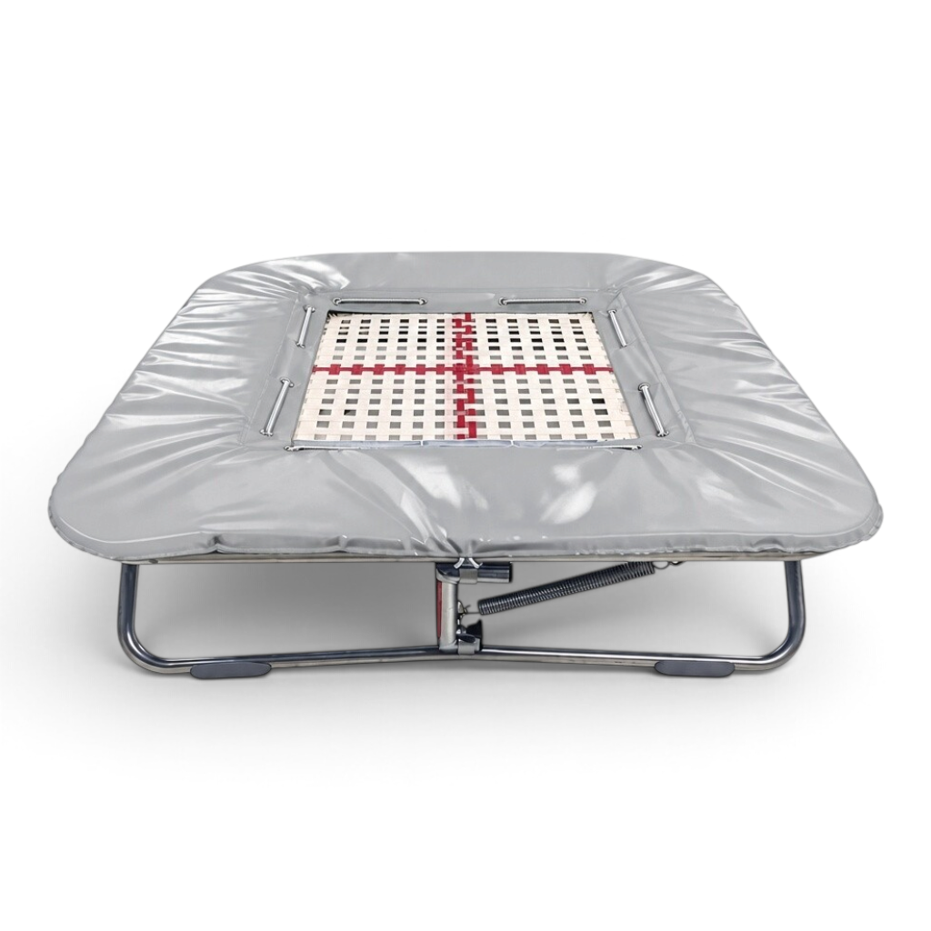 UK Gym Pits super mini trampoline with a 25mm by 25mm web bed and grey protective frame pads on a white background