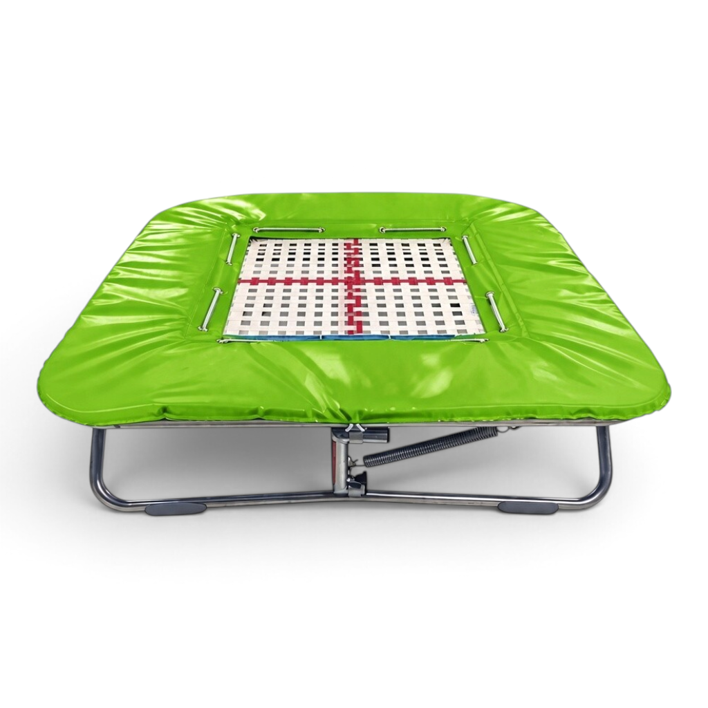 UK Gym Pits super mini tramp with a 25mm web bed and vibrant green protective frame pads on a white background