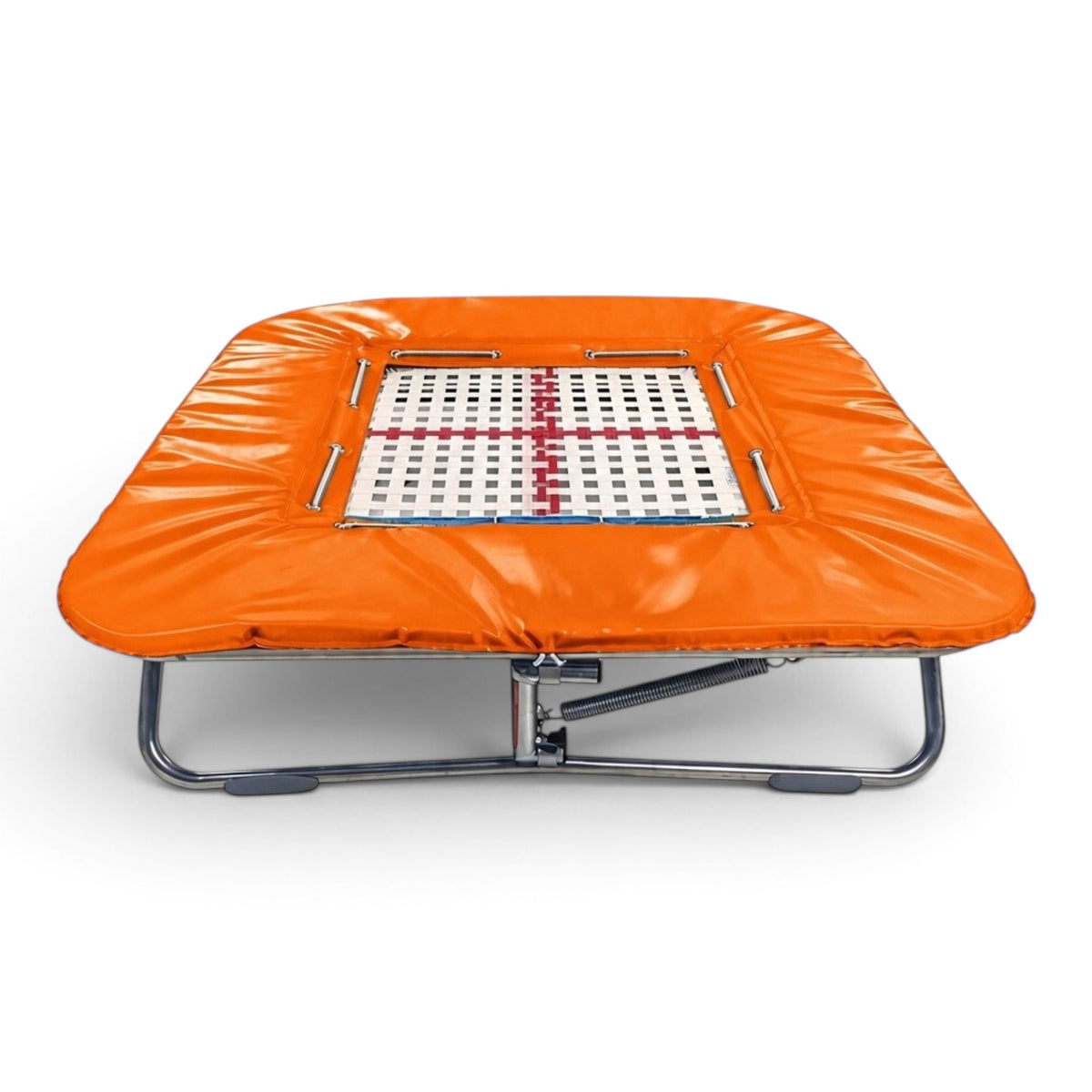 UK Gym Pits super mini trampoline with a 25mm web bed and bright orange protective frame pads on a zinc plated frame.
