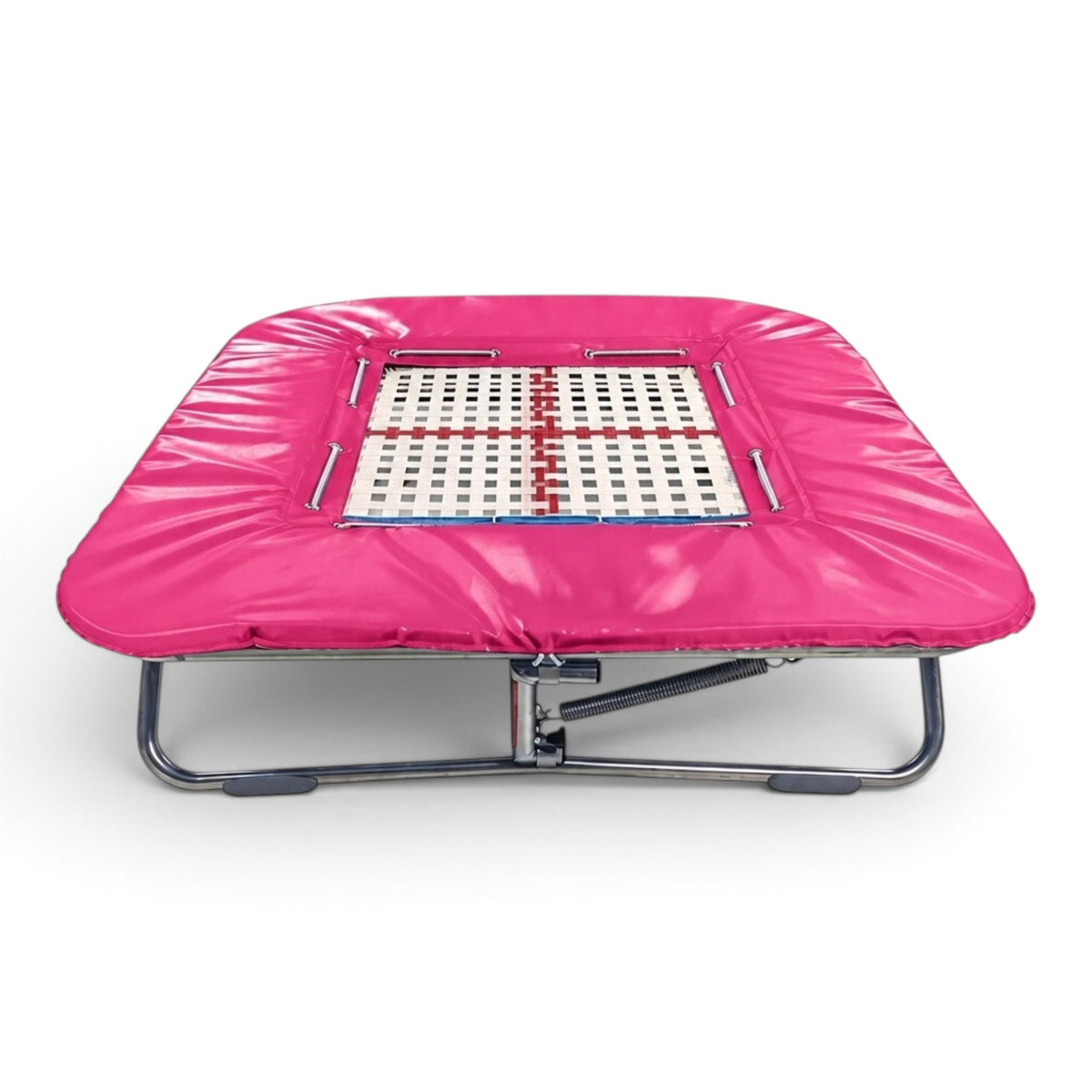 UK Gym Pits super mini trampoline with a 25mm web bed and vibrant pink protective coverall frame pads.