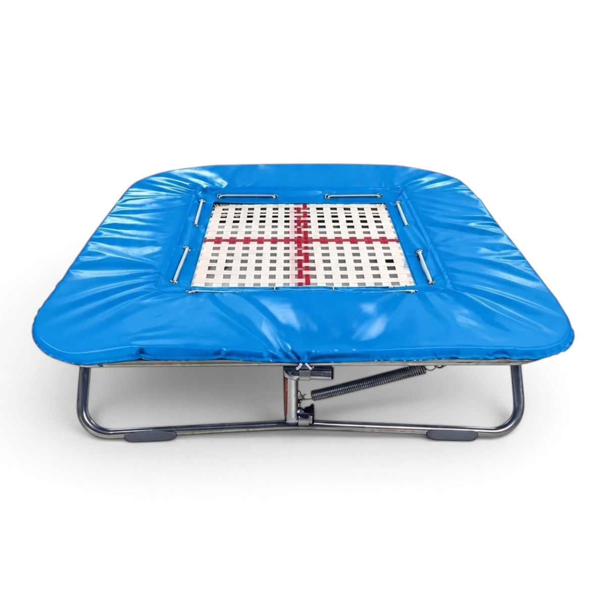 UK Gym Pits super mini tramp with a 25mm by 25mm web bed and blue protective frame pads on a white background.