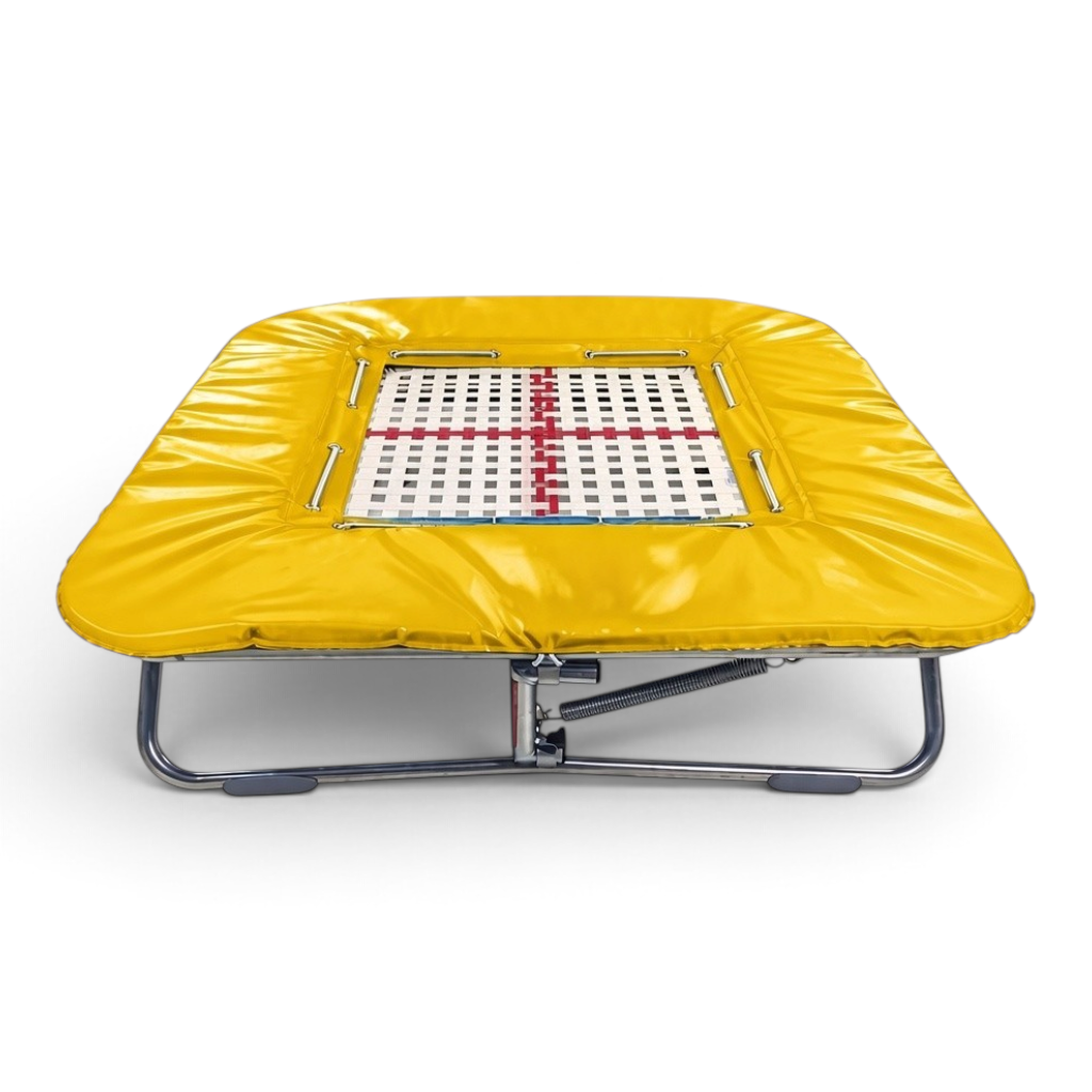 UK Gym Pits super mini trampoline with a 25mm web bed and bright yellow protective coverall frame pads