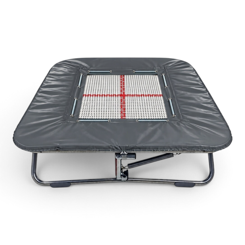 UK Gym Pits super mini tramp with a web bed, grey frame pads, and adjustable zinc plated steel frame.