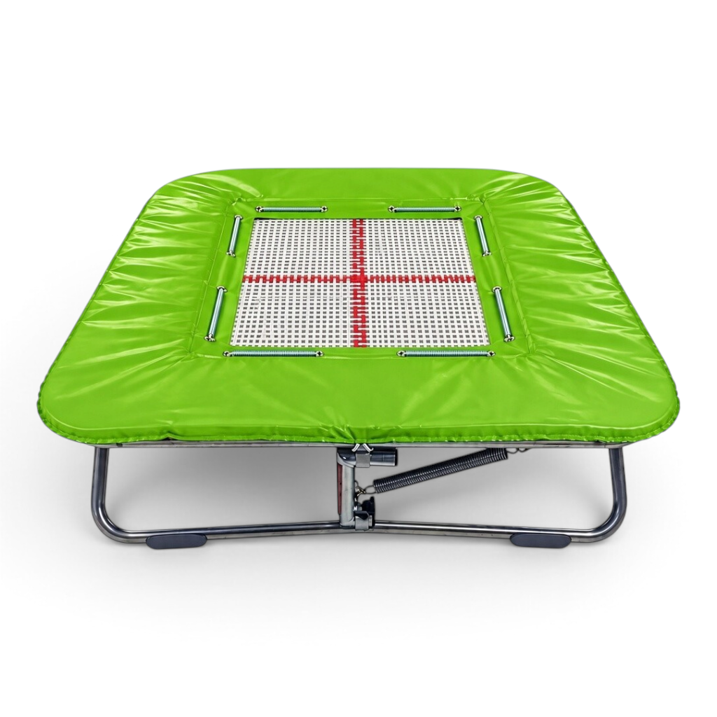 UK Gym Pits super mini tramp with a white web bed and bright green protective frame pads on a zinc plated steel frame