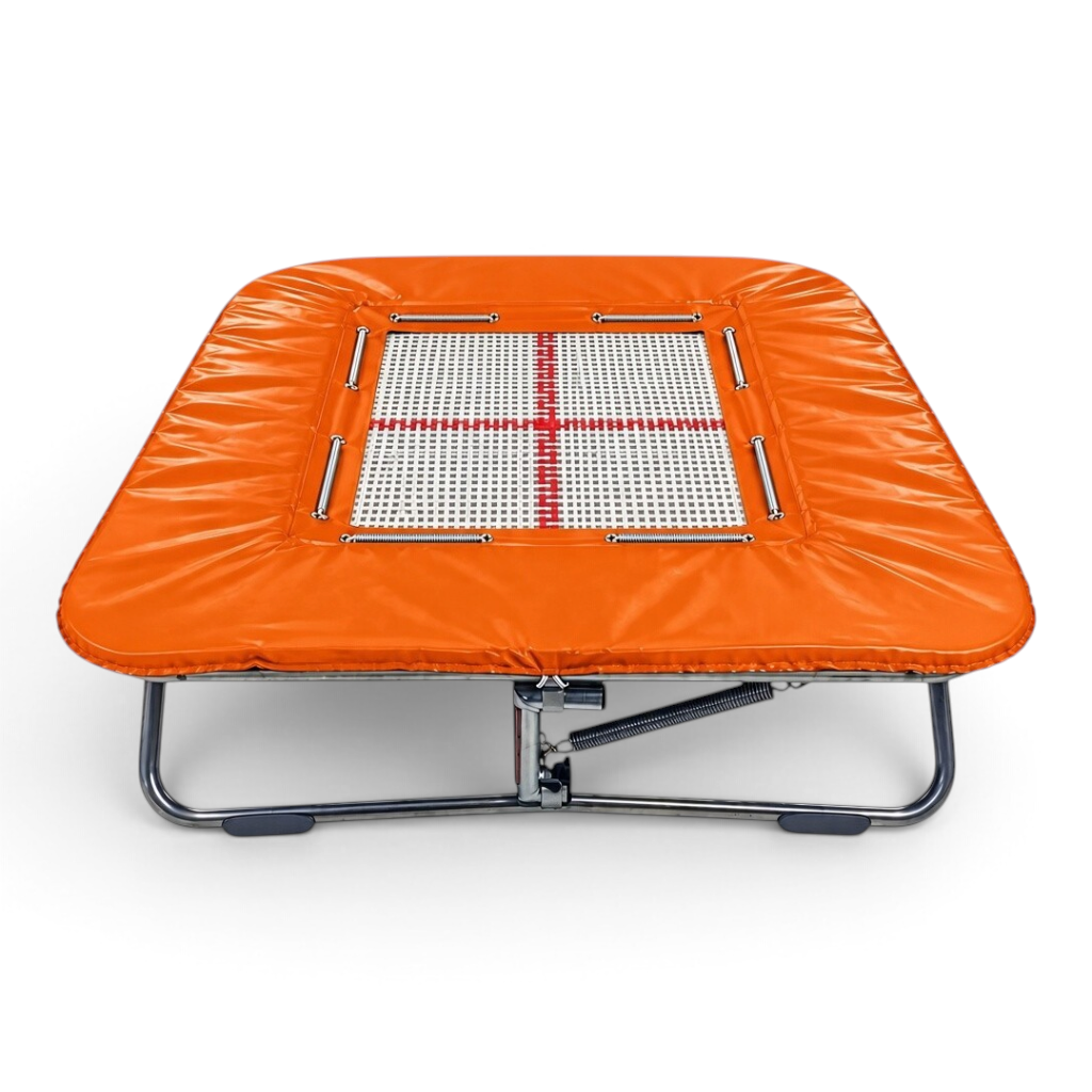UK Gym Pits super mini trampoline with an orange frame pad and a white web bed on a foldable zinc plated steel frame