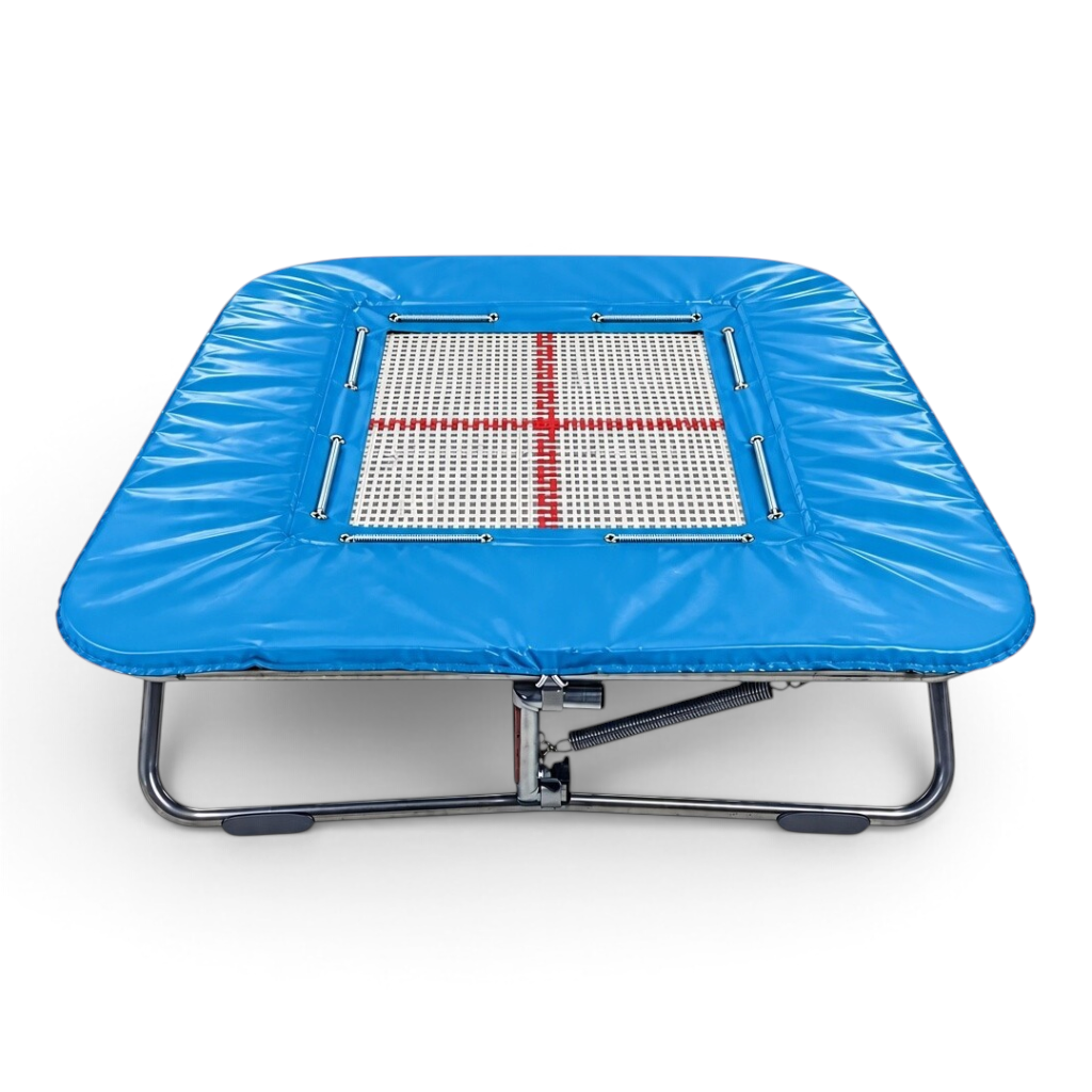 UK Gym Pits super mini trampoline with a white web bed and blue protective frame pads on a zinc plated steel frame.
