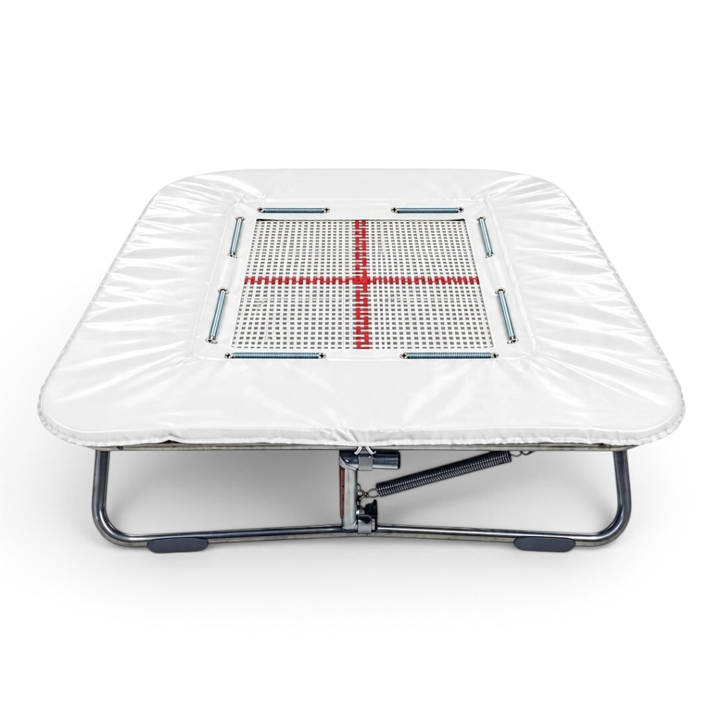 UK Gym Pits Super Mini Tramp with white web bed, high tensile steel springs, and protective white frame pads.
