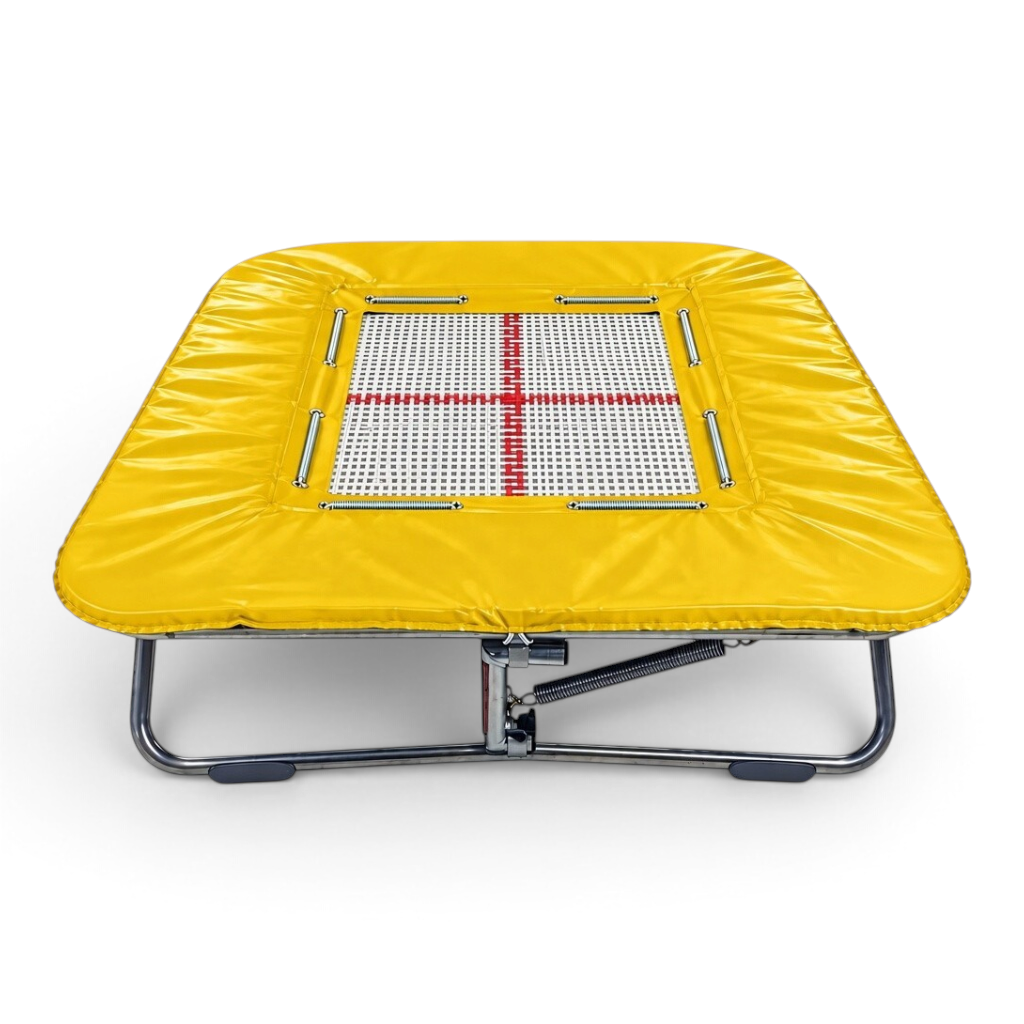UK Gym Pits super mini trampoline with a yellow frame pad, web bed, and adjustable zinc-plated steel frame.
