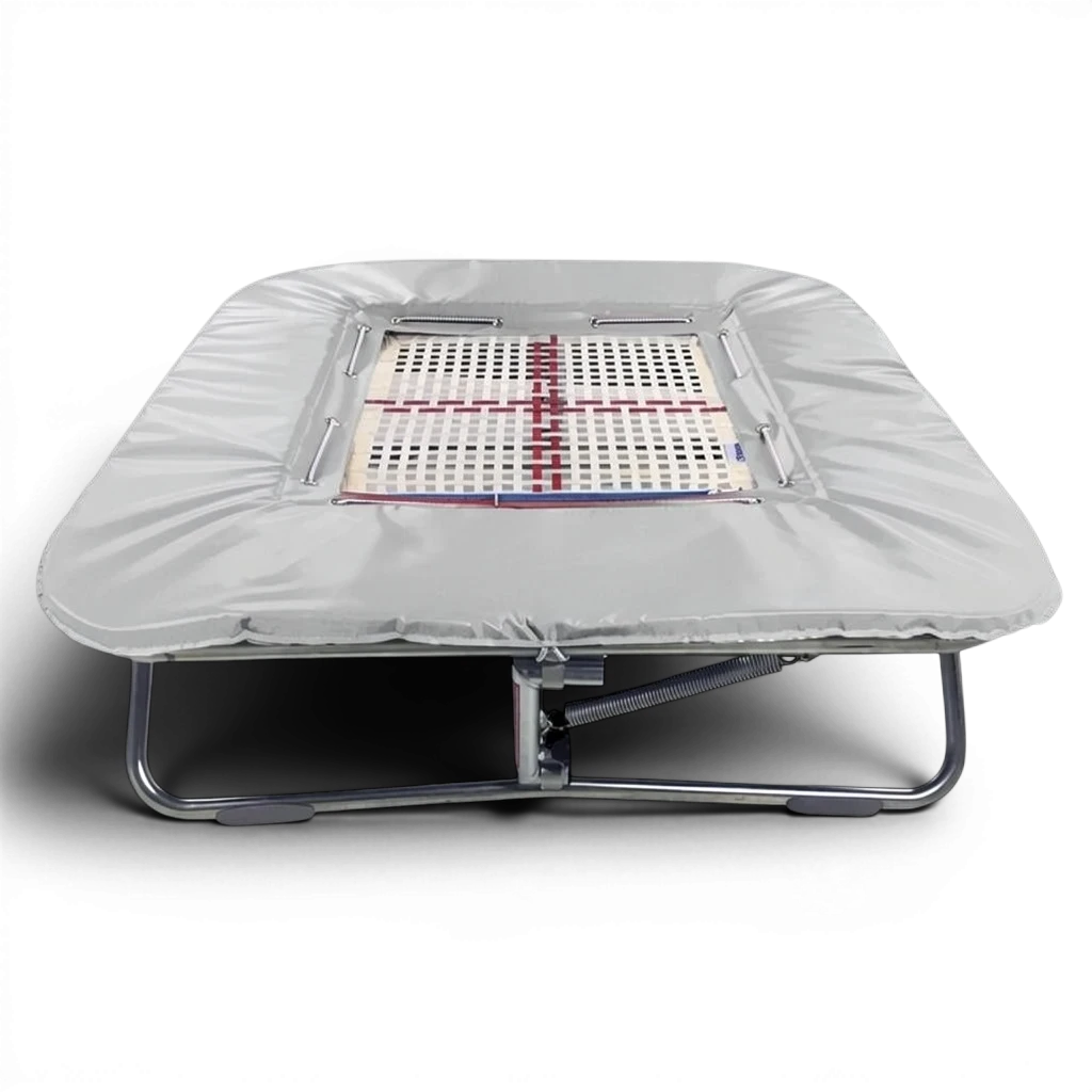 UK Gym Pits super mini trampoline with a white web bed and grey protective frame pads on a black background.