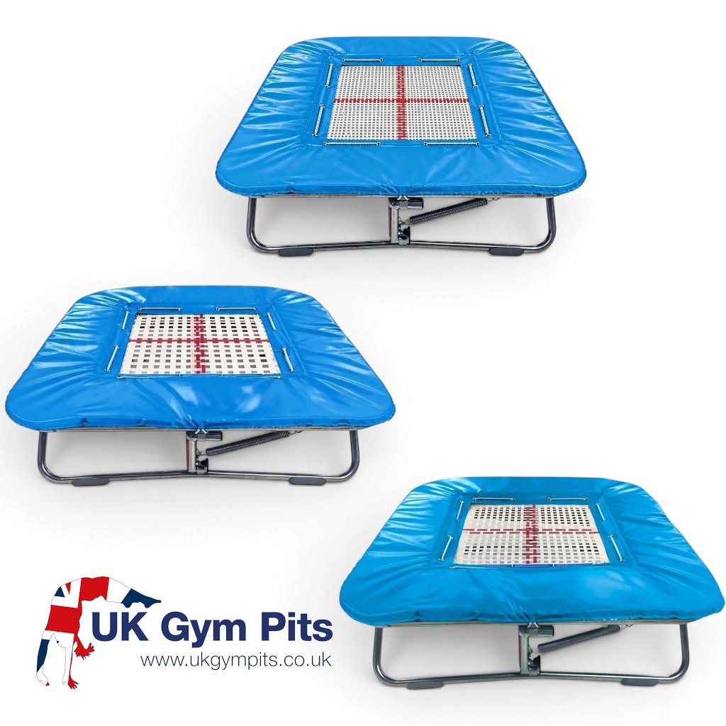 UK Gym Pits super mini trampoline with blue frame pads and a white web bed, shown from three different angles.
