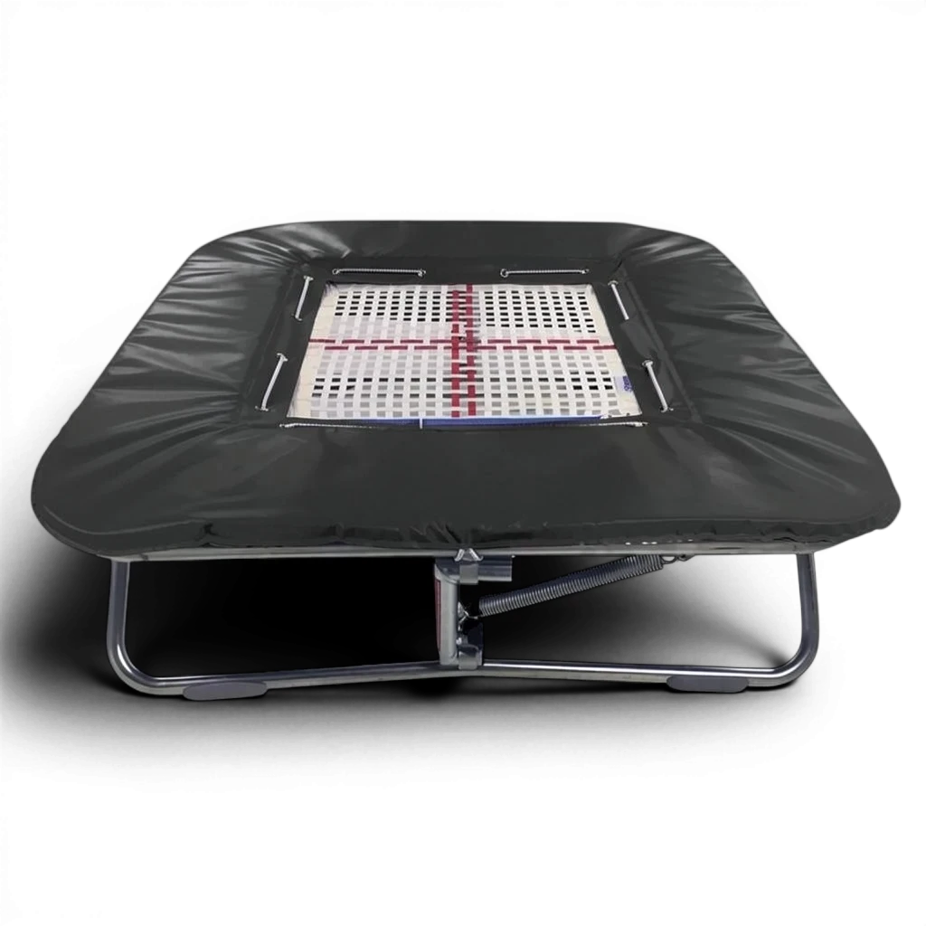 UK Gym Pits Super Mini Tramp with a white web bed and black protective frame pads on a zinc plated steel frame.