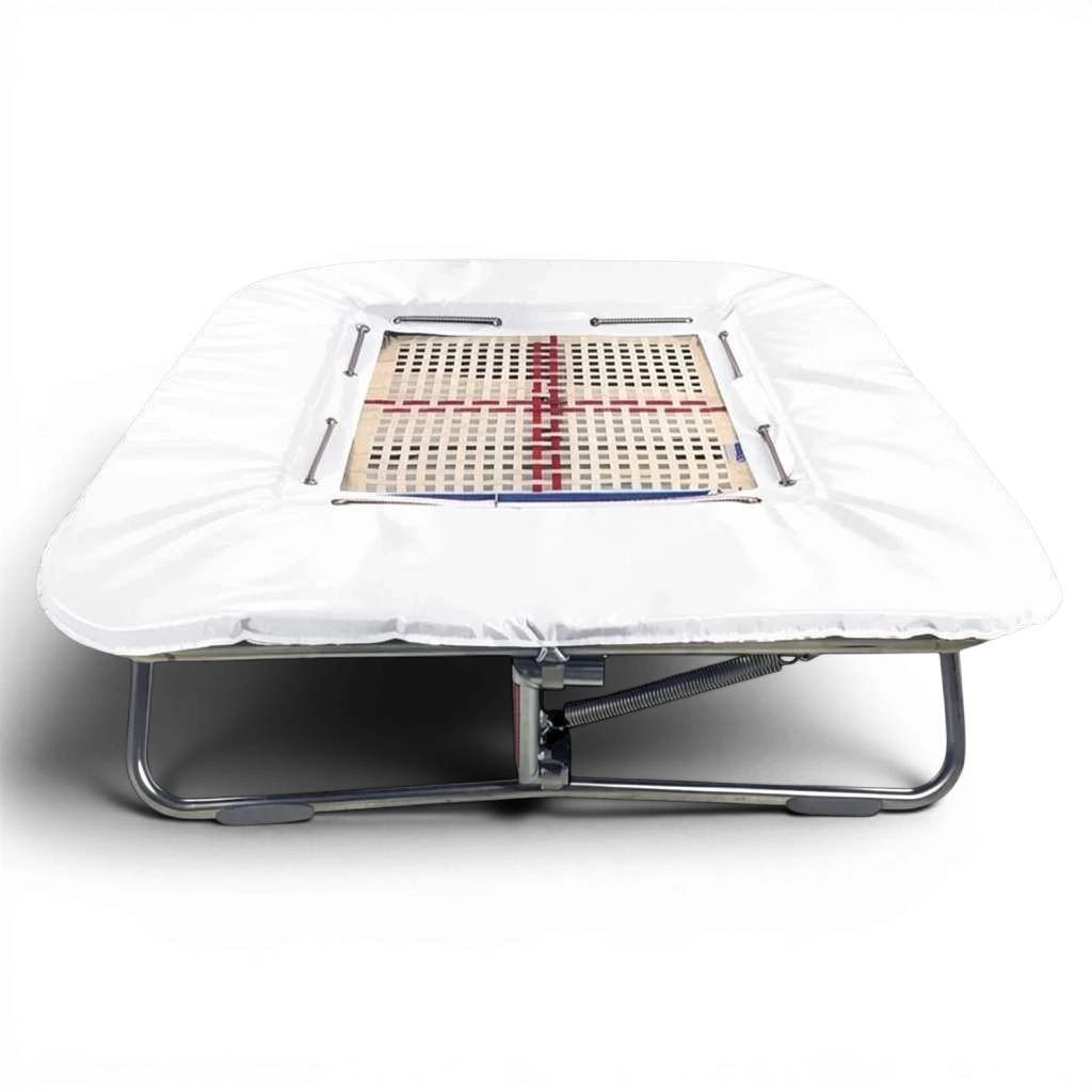 UK Gym Pits super mini trampoline with a web bed and white protective frame pads on a zinc plated steel frame.