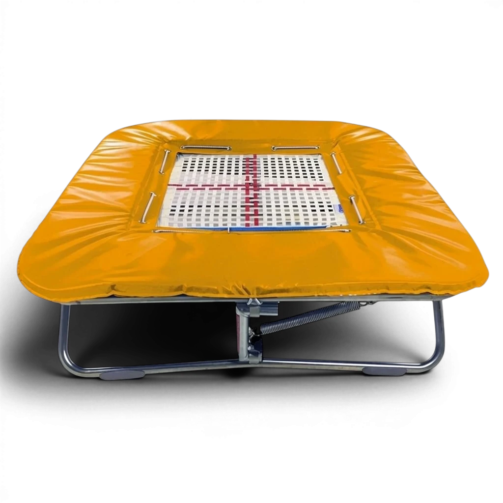 UK Gym Pits Super Mini Tramp with a white web bed and bright yellow protective frame pads on a zinc plated frame.