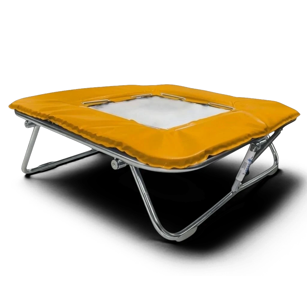 UK Gym Pits super mini trampoline with a solid super-mesh bed and yellow protective frame pads on a zinc-plated frame.
