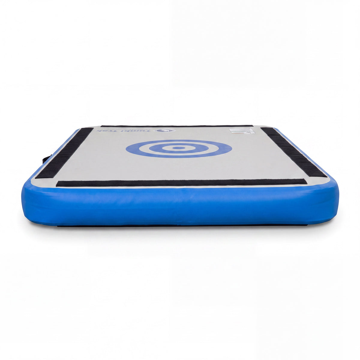 UK Gym Pits Sweet Spot inflatable gymnastics training mat in grey and blue with a central target design