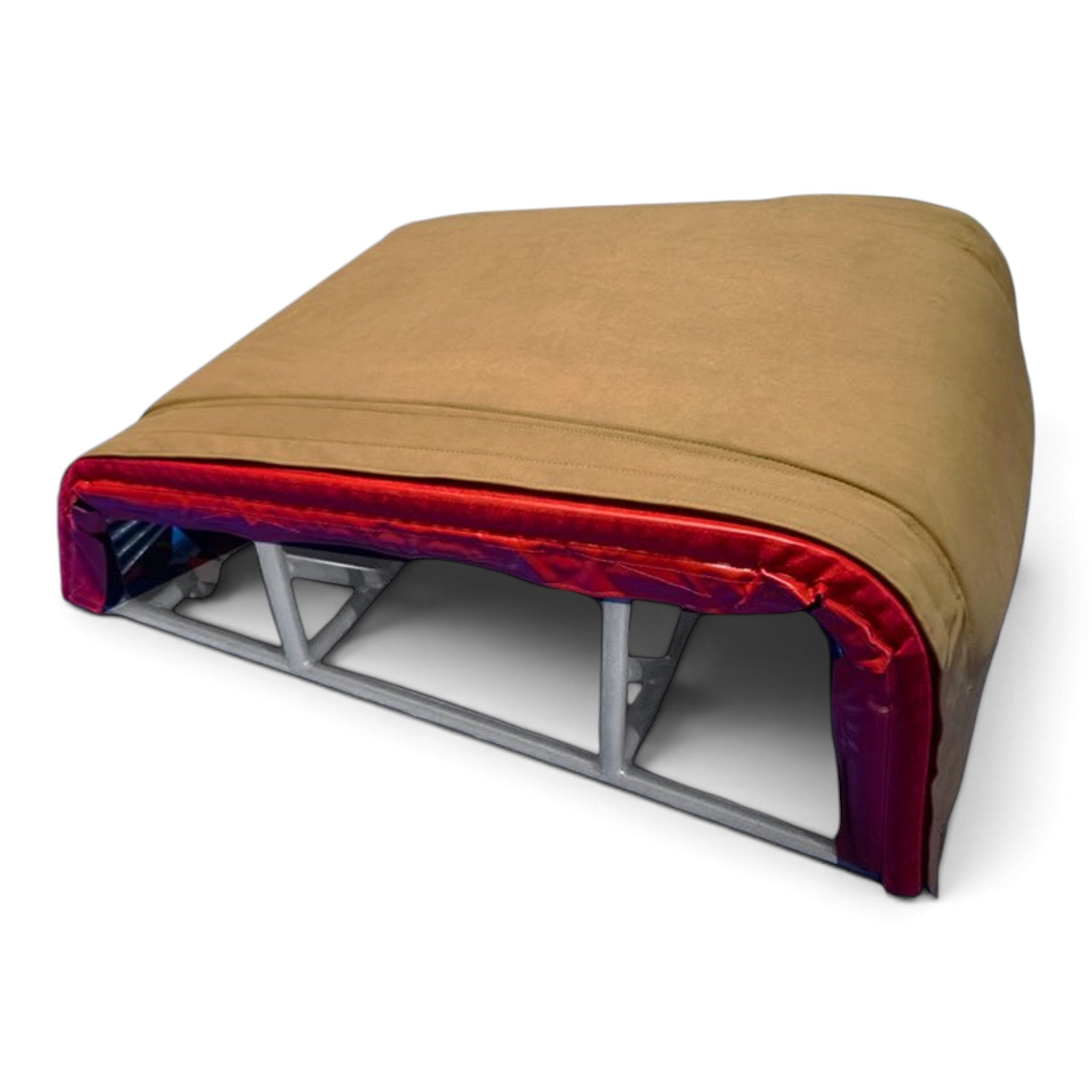 UK Gym Pits Velcro T-Trainer Cover Pro with tan suede top and red padded sides on a metal frame