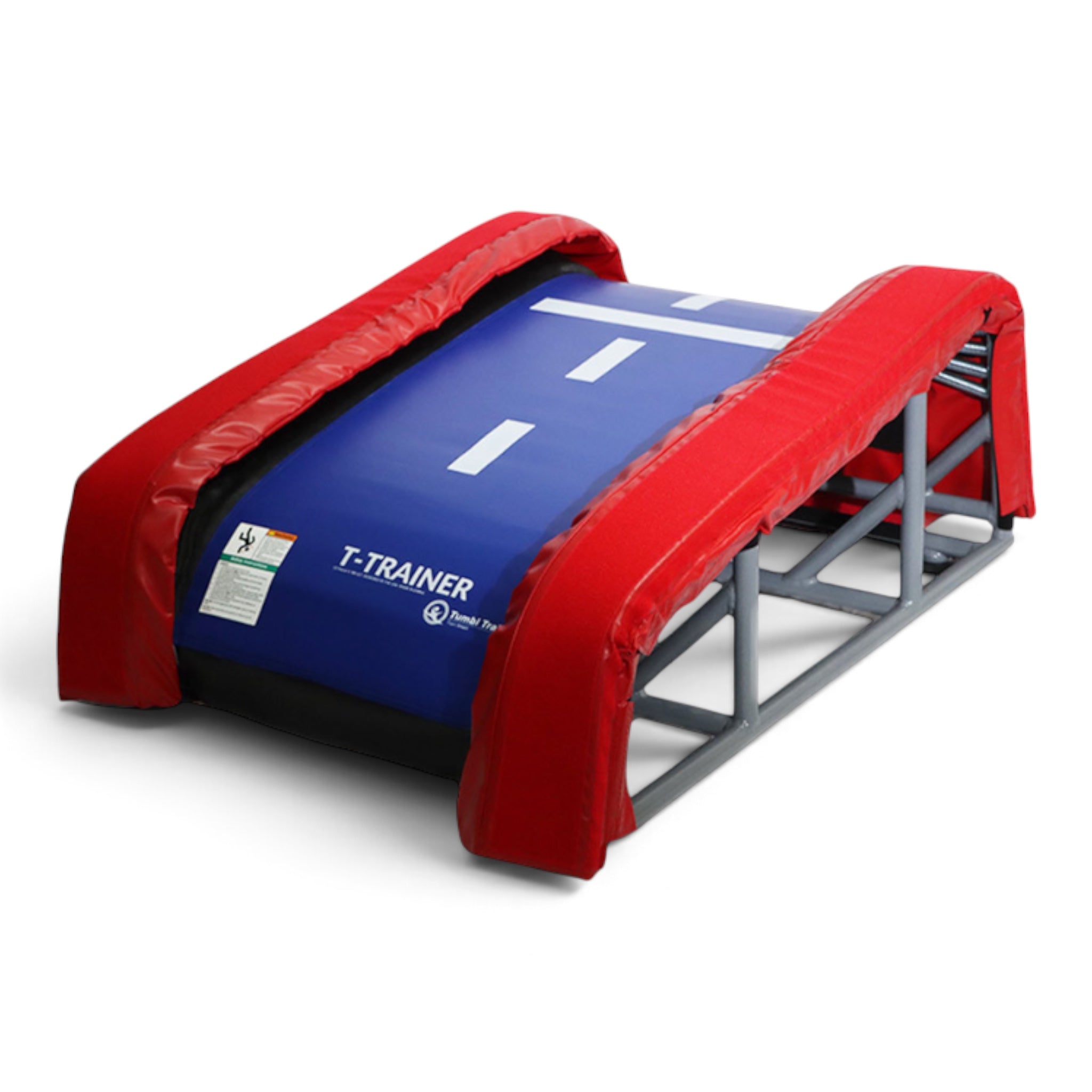 UK Gym Pits T-Trainer gymnastics training equipment with a blue bed and red padded side supports on a grey frame